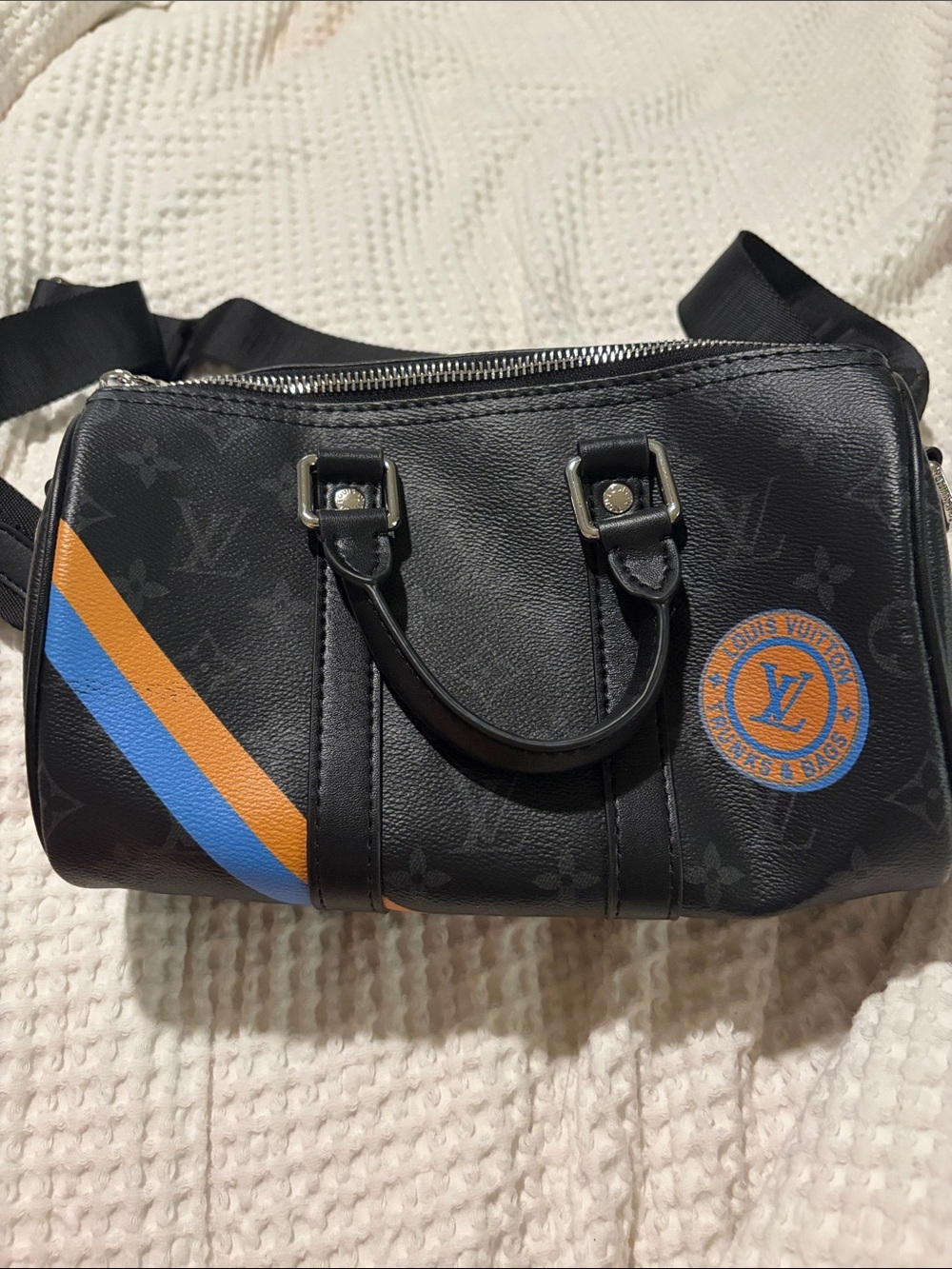 Black Designer Monogram Duffel Bag with Blue & Orange Accents